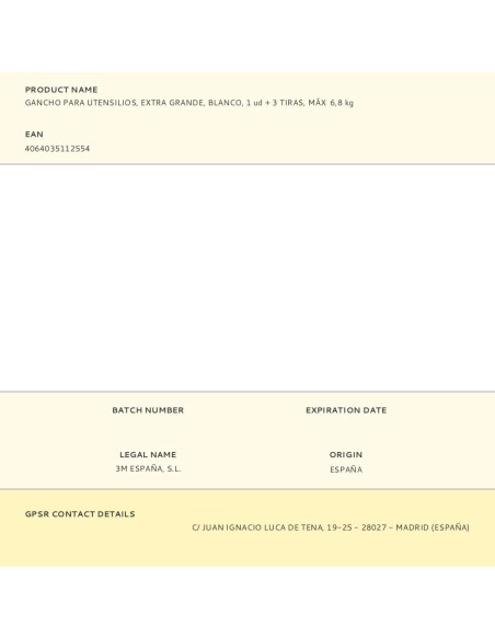 Gancho para utensilios, extra grande, blanco, 1 ud + 3 tiras, máx 6,8 kg