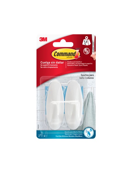 Gancho blanco, mediano, 29 x 79 x 29 mm, 2 uds + 4 tiras, máx 1,3 kg