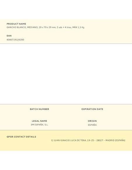 Gancho blanco, mediano, 29 x 79 x 29 mm, 2 uds + 4 tiras, máx 1,3 kg