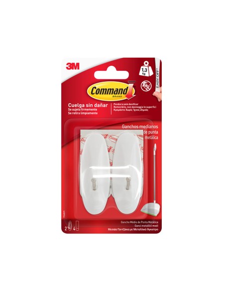 Gancho punta metálica, mediano, blanco, 29 x 79 x 29 mm, 2 uds + 4 tiras, carga max 1,3 kg