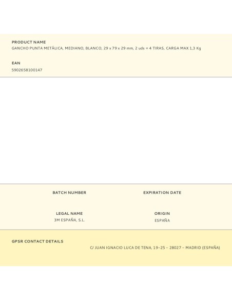 Gancho punta metálica, mediano, blanco, 29 x 79 x 29 mm, 2 uds + 4 tiras, carga max 1,3 kg