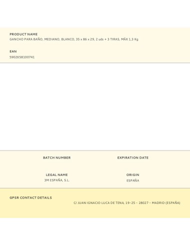 Gancho para baño, mediano, blanco, 35 x 86 x...