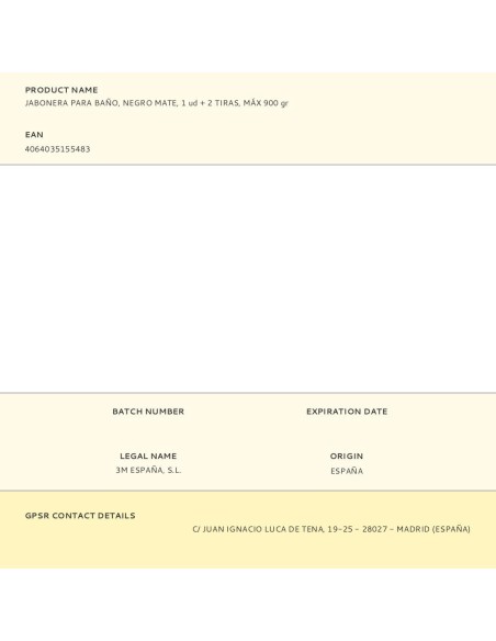 Jabonera para baño, negro mate, 1 ud + 2 tiras, máx 900 gr