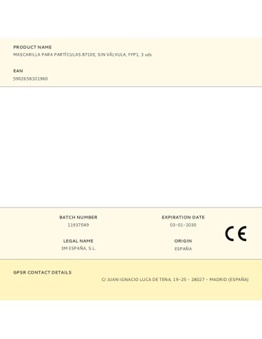 Mascarilla para partículas 8710e, sin válvula,...