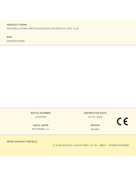 Mascarilla para partículas 8710e, sin válvula, ffp1, 3 uds