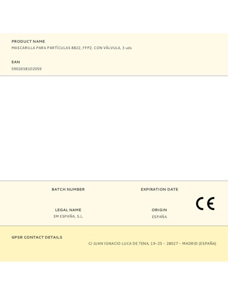 Mascarilla para partículas 8822, ffp2, con válvula, 3 uds