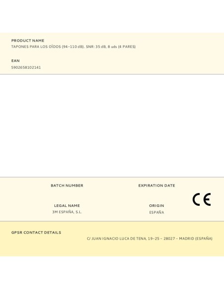 Tapones para los oídos (94-110 db). snr: 35 db, 8 uds (4 pares)