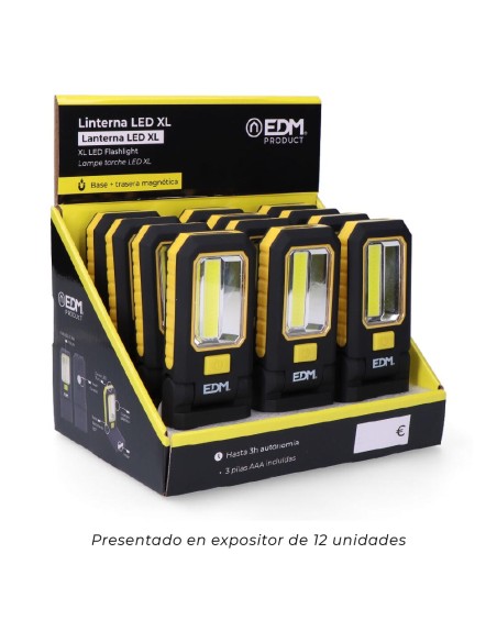 Linterna led cob 3 leds xl de 200lm. con gancho e iman 3xaaa (pilas incluidas) edm