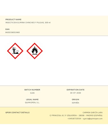 Insecticida elimina chinches y pulgas, 300 ml