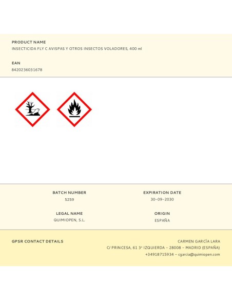 Insecticida fly c avispas y otros insectos voladores, 400 ml