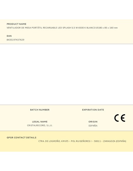 Ventilador de mesa portátil recargable led splash 5,5 w 6500 k blanco ø180 x 85 x 160 mm