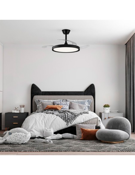 Ventilador de techo led 3cct aspas retráctiles polaris 43 w 4430 lm negro, aspas ø106 cm, plafón ø48,5 cm, altura 32 - 42 cm