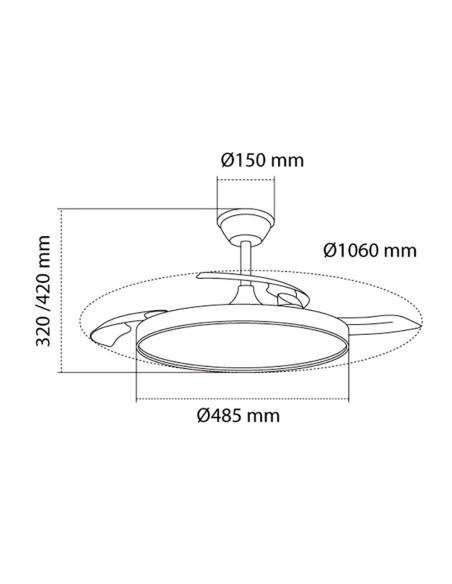 Ventilador de techo led 3cct aspas retráctiles polaris 43 w 4430 lm negro, aspas ø106 cm, plafón ø48,5 cm, altura 32 - 42 cm