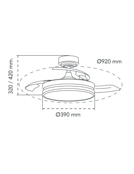 Ventilador de techo led 3cct aspas retráctiles moss mini 46 w 5520 lm negro, aspas ø92 cm, plafón ø39 cm, altura 32 - 42 cm