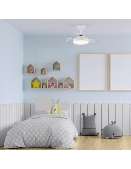Ventilador de techo led 3cct aspas retráctiles hornet 32 w 3195 lm blanco, aspas ø56 cm, plafón ø26 cm, altura 34 - 44 cm