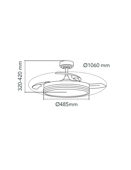 Ventilador de techo led 3cct aspas retráctiles supereco 45 w 4400 lm blanco, ø106 cm, plafón ø48,5 cm, altura 32 - 42 cm