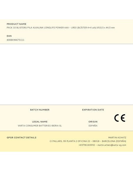 Pack 10 blisters pila alkalina longlife power aaa - lr03 (blíster 4+4 uds) ø10,5 x 44,5 mm