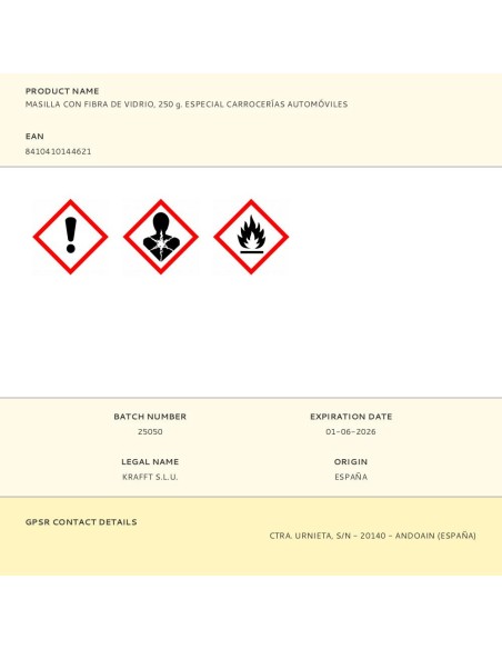 Masilla con fibra de vidrio, 250 g. especial carrocerías automóviles