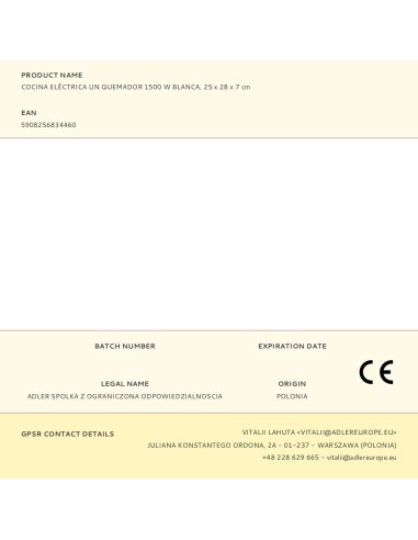 Cocina eléctrica un quemador 1500 w blanca, 25...