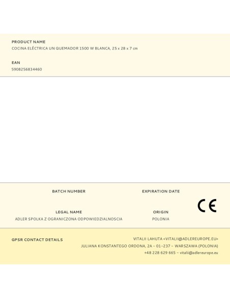 Cocina eléctrica un quemador 1500 w blanca, 25 x 28 x 7 cm