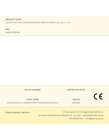 Cocina eléctrica dos quemadores 2500 w blanca,...