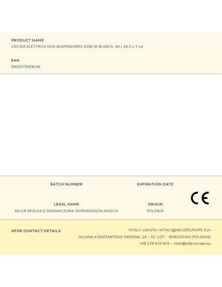 Cocina eléctrica dos quemadores 2500 w blanca, 46 x 26,5 x 7 cm