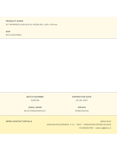 Kit primeros auxilios 41 piezas 80 x 160 x 250 mm