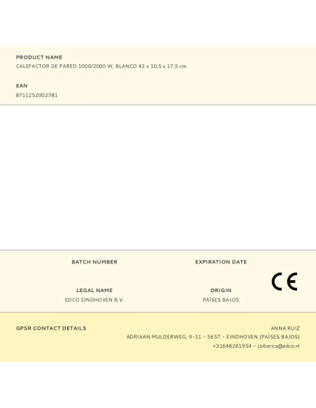 Calefactor de pared 1000/2000 w, blanco 42 x 10,5 x 17,5 cm