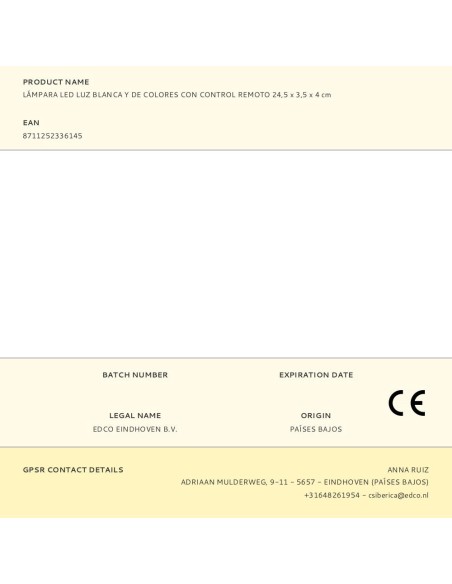 Lámpara led luz blanca y de colores con control remoto 24,5 x 3,5 x 4 cm