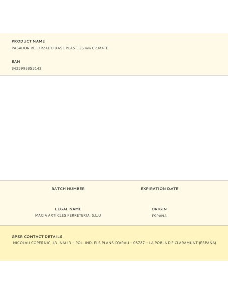 Pasador reforzado base plástica 25 mm cromo mate