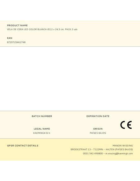 Vela de cera led color blanco ø2,2 x 24,5 cm. pack 2 uds