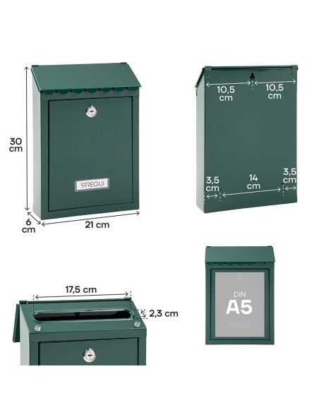 Buzón individual exterior, pequeño, civic, acero, verde, 21,6 x 8 x 30 cm