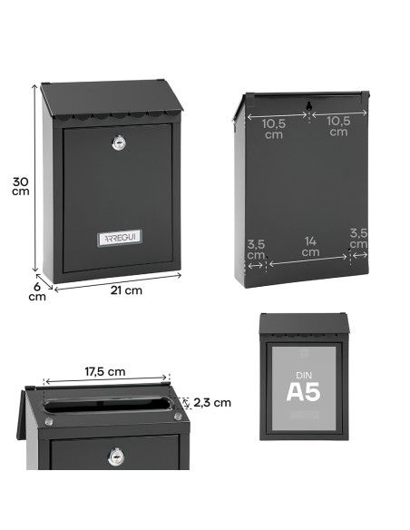 Buzón individual exterior, pequeño, civic, acero, negro, 21,6 x 8 x 30 cm