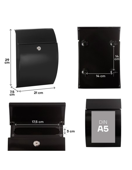 Buzón individual exterior, pequeño, galán, acero, negro, 21 x 7,5 x 29 cm