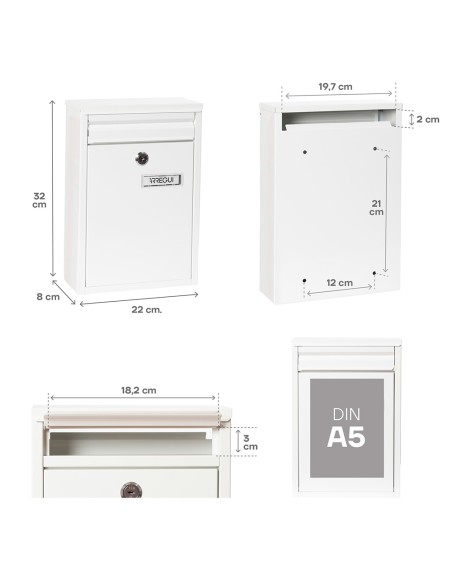 Buzón individual exterior, pequeño, zaguán, acero, blanco, 22 x 8 x 32 cm