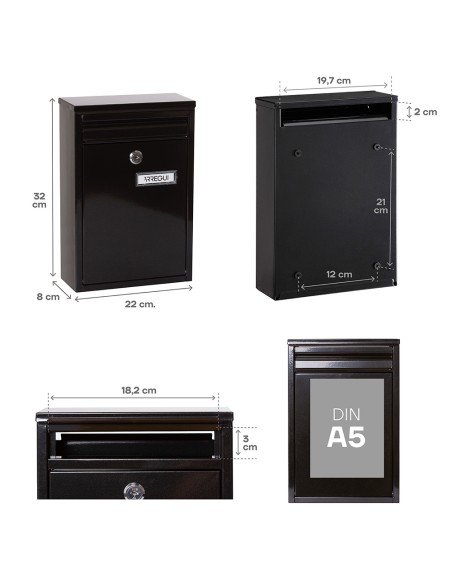 Buzón individual exterior, pequeño, zaguán, acero, negro, 22 x 8 x 32 cm