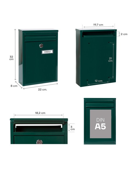 Buzón individual exterior, pequeño, zaguán, acero, verde, 22 x 8 x 32 cm