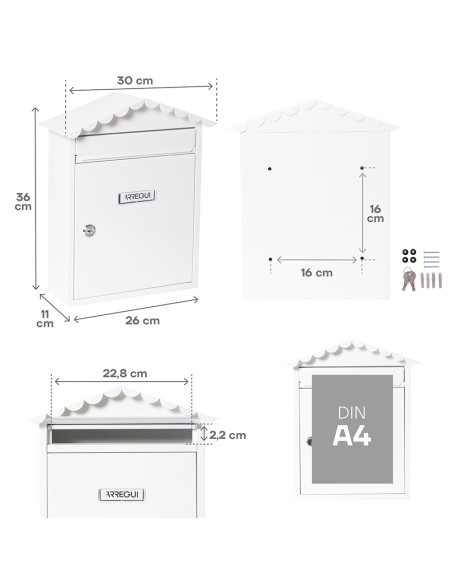 Buzón individual exterior, mediano, visit, acero, blanco, 30 x 11 x 36 cm