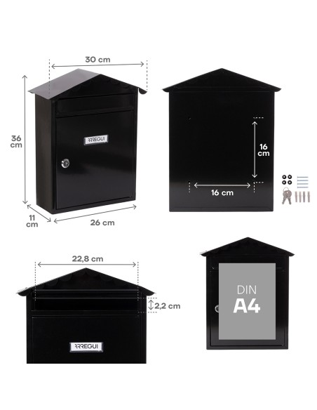 Buzón individual exterior, mediano, visit, acero, negro, 30 x 11 x 36 cm