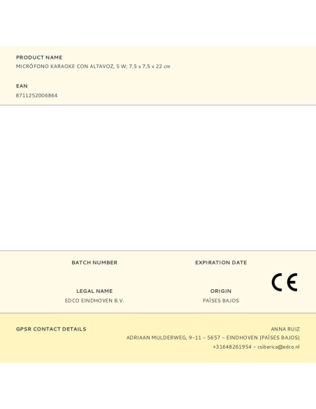 Micrófono karaoke con altavoz, 5 w 7,5 x 7,5 x 22 cm