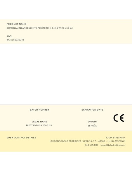 Bombilla incandescente pebetero, e-14, 15 w, 26 x 60 mm