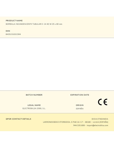 Bombilla incandescente tubular, e-14, 40 w, 25...
