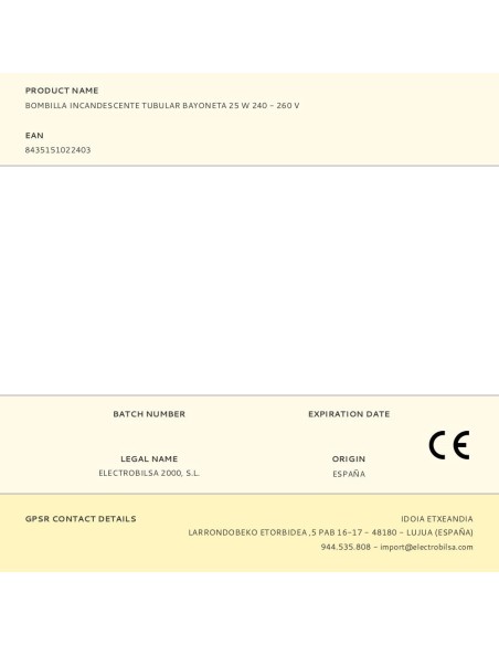 Bombilla incandescente tubular bayoneta, 25 w