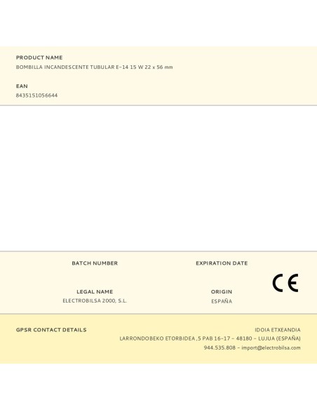 Bombilla incandescente tubular e-14, 15 w, 22 x 56 mm