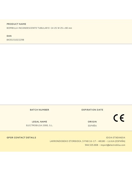 Bombilla incandescente tubular, e-14, 25 w, 25 x 80 mm