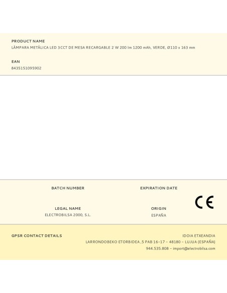 Lámpara metálica led 3cct de mesa recargable 2 w 200 lm, verde, ø110 x 163 mm