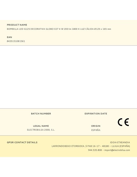 Bombilla led g125 decorativa globo e27 4 w 200 lm 1800 k luz cálida ø125 x 165 mm