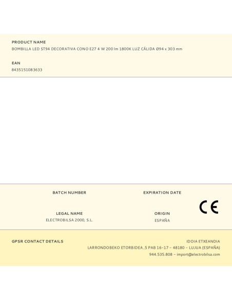 Bombilla led st94 decorativa cono e27 4 w 200 lm 1800k luz cálida ø94 x 303 mm