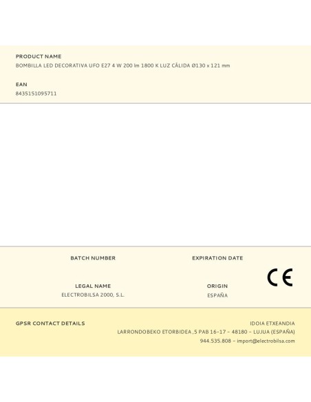 Bombilla led decorativa ufo, e27, 4 w, 280 lm, 1800 k, luz cálida, ø130 x 121 mm