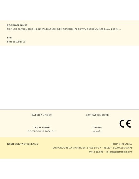 Tira led blanca 3000 k luz cálida flexible profesional 16 w/m 1600 lm/m 120 led/m, 230 v, ip65, rollo 50 m x 10 x 2,5 mm